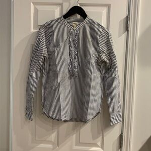 Feminine J Crew blue and white striped top with ruffles